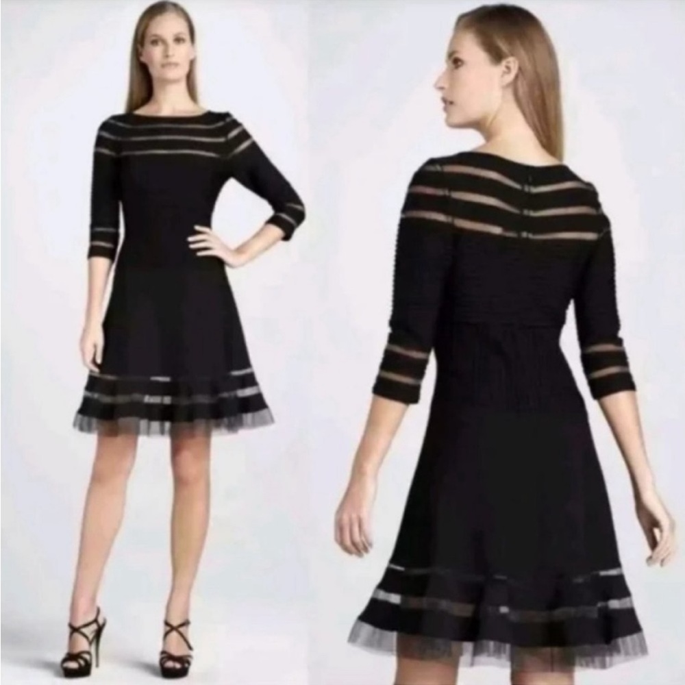 Tadashi Shoji Black Mesh Illusion Stripe Fit &
Flare 3/4 Sleeve Dress